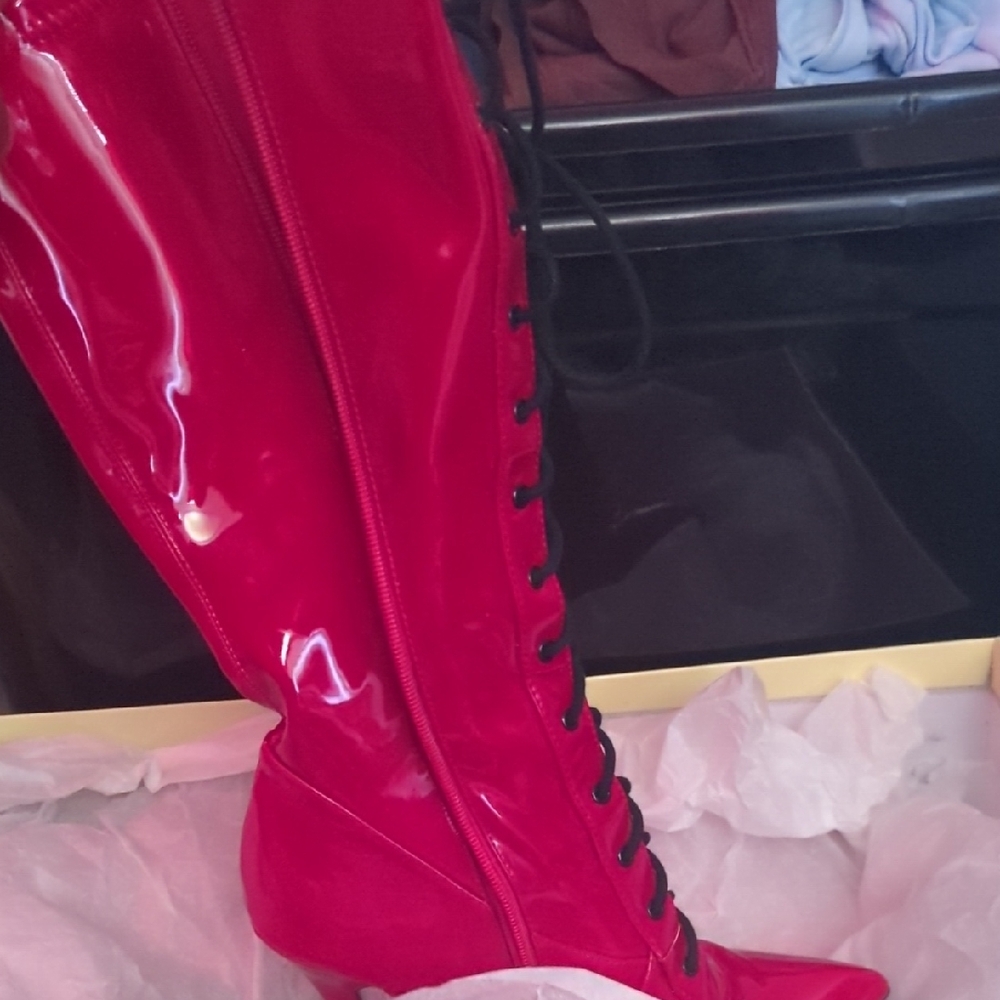 Red Knee-High Lace-Up Boots